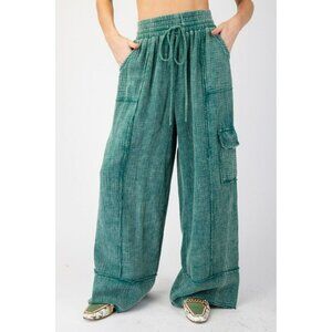 Roxie Cotton Gauze Mineral Washed Wide Leg Pants in Pacific Green